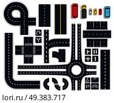 Black white traffic roads intersections elements top view with signboards and colorful vehicles icons set vector illustration . Traffic Roads Top View Set. Стоковая иллюстрация, агентство Ingram Publishing / Фотобанк Лори