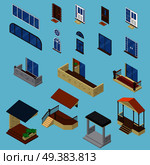 Isometric house constructor elements collection with isolated images of glossy windows doors balcony and stoop vector illustration. House Isometric Constructor Set. Стоковая иллюстрация, агентство Ingram Publishing / Фотобанк Лори