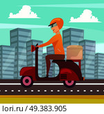 Courier delivery orthogonal poster with motorbike dispatch rider in modern urban center street cityscape background vector illustration . Courier Delivery Orthogonal Background Poster . Стоковая иллюстрация, агентство Ingram Publishing / Фотобанк Лори