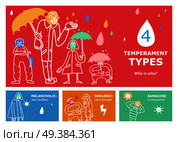 Temperament types set of horizontal banners with psychological profile including sanguine, melancholic, choleric isolated vector illustration. Temperament Types Horizontal Banners. Стоковая иллюстрация, агентство Ingram Publishing / Фотобанк Лори