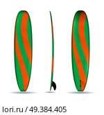 Three realistic projections of longboard made in green and orange colors isolated vector illustration. Longboard With Three Sides. Стоковая иллюстрация, агентство Ingram Publishing / Фотобанк Лори