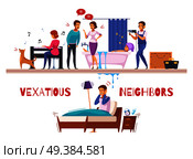 Neighbors relations cartoon composition with piano and drill sounds, family conflict, flooding, unhappy sleepless man vector illustration. Neighbors Relations Cartoon Composition. Стоковая иллюстрация, агентство Ingram Publishing / Фотобанк Лори