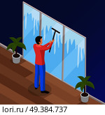 Spring thorough house cleaning works isometric background poster with man washing windows with squeegee wiper vector illustration . Spring Cleaning Isometric Background . Стоковая иллюстрация, агентство Ingram Publishing / Фотобанк Лори