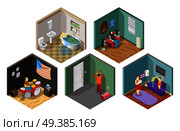 Neighbors relations set of isometric compositions with repair, flooding, spoiled kids, loud music isolated vector illustration. Neighbors Relations Isometric Compositions Set. Стоковая иллюстрация, агентство Ingram Publishing / Фотобанк Лори