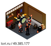 Garage band isometric composition with rock musicians and instruments including singer with microphone, drummer, guitarists vector illustration. Garage Band Isometric Composition. Стоковая иллюстрация, агентство Ingram Publishing / Фотобанк Лори