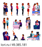 Set of cartoon icons with gymnastics during pregnancy, medical examination, childbirth, newborn, happy family isolated vector illustration   . Pregnancy Newborn Cartoon Icons Set. Стоковая иллюстрация, агентство Ingram Publishing / Фотобанк Лори