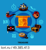 Pirate treasure with chest of gold, map, jolly roger round cartoon composition on blue background vector illustration. Pirate Treasure Round Composition. Стоковая иллюстрация, агентство Ingram Publishing / Фотобанк Лори