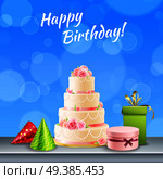 Happy birthday card with cake presents cone hats on blue bubbled background festive realistic image vector illustration . Birthday Party Accessories Realistic . Стоковая иллюстрация, агентство Ingram Publishing / Фотобанк Лори