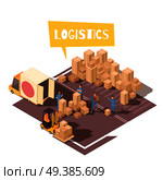 Isometric logistic composition with human characters of warehouse loaders vehicles and bunch of cardboard parcel boxes vector illustration. Freight Sorting Isometric Composition. Стоковая иллюстрация, агентство Ingram Publishing / Фотобанк Лори