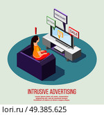 Annoying advertisement isometric composition with woman on sofa and promotional information on tv vector illustration . TV Annoying Advertisement Isometric Composition. Стоковая иллюстрация, агентство Ingram Publishing / Фотобанк Лори