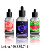 Vaping identity realistic set with isolated images of refill bottles for vape liquids of different flavour vector illustration. Vaping Identity Realistic Set. Стоковая иллюстрация, агентство Ingram Publishing / Фотобанк Лори