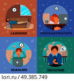 Procrastination laziness escapism delayng and dealing with deadlines characters concept 4 cartoon icons square isolated vector illustration . Procrastination Characters cartoon Concept Icons . Стоковая иллюстрация, агентство Ingram Publishing / Фотобанк Лори