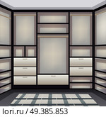 Empty storage room wardrobe cloakroom interior organization with shelving hanging rails shoe racks white realistic vector illustration . Empty Storage Room Realistic . Стоковая иллюстрация, агентство Ingram Publishing / Фотобанк Лори
