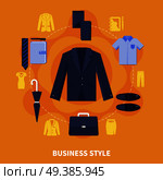 Clothes colored concept with business style description and wardrobe items dark mens suit vector illustration. Clothes Colored Composition. Стоковая иллюстрация, агентство Ingram Publishing / Фотобанк Лори