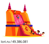 Jumping trampolines composition with images of huge flow spreading hump and cartoon human characters of kids vector illustration. Trampoline Kids Attraction Composition. Стоковая иллюстрация, агентство Ingram Publishing / Фотобанк Лори