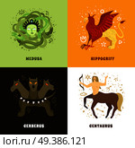 Flat 2x2 design concept with mythical creatures such as medusa hippogriff centaurus and cerberus isolated vector illustration. Mythical Creature 2x2 Concept. Стоковая иллюстрация, агентство Ingram Publishing / Фотобанк Лори