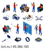 Digital gadget evolution isometric icons with human characters computer technology and robots isolated vector illustration  . Digital Gadget Evolution Isometric Icons. Стоковая иллюстрация, агентство Ingram Publishing / Фотобанк Лори