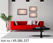 Living room space image with red sofa complemented white black interior details realistic home design vector illustration  . Realistic Interior Image. Стоковая иллюстрация, агентство Ingram Publishing / Фотобанк Лори