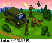 Frontier guards during border service with dog vehicle and drone with camera isometric vector illustration. Border Service Isometric Illustration. Стоковая иллюстрация, агентство Ingram Publishing / Фотобанк Лори