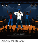 Rap music concert with singer and 2 ladies onstage performance under beam lights flat poster vector illustration . Rap Music Concert Flat Poster. Стоковая иллюстрация, агентство Ingram Publishing / Фотобанк Лори