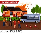 Breaking news of different tv channels live reportage from scene of firefighting of residential house vector illustration. Breaking News Illustration. Стоковая иллюстрация, агентство Ingram Publishing / Фотобанк Лори