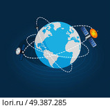 Two artificial earth satellites around planet on blue background. Vector illustration of satellites surrounding the planet Earth. Web banner of artificial sputnik in space cartoon style flat design.. Two Artificial Earth Satellites Around Planet. Стоковая иллюстрация, агентство Ingram Publishing / Фотобанк Лори