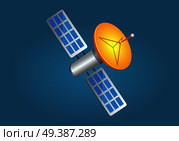 Satellites in cartoon style with yellow dish aerial on blue background. Wireless networks spread from Earth to space. Flying sputnik with dish antenna. Space symbol earth symbol flat design style.. Satellites in Cartoon Style with Yellow Aerial. Стоковая иллюстрация, агентство Ingram Publishing / Фотобанк Лори