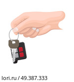 Car key hanging on keyring in human hand flat vector isolated on white background. Man hand holding modern vehicle key with remote alarm illustration for buying new auto or secure access concept. Car Key in Human Hand Flat Vector Illustration. Стоковая иллюстрация, агентство Ingram Publishing / Фотобанк Лори