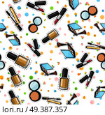 Makeup products set seamless pattern. Cosmetics. Nail polish. Face powder in round back case with mirror. Eyeshadows palette. Face Brush. Red lipstick. Pockmarked background. Cartoon style. Vector. Seamless Pattern. Nail Polish. Powder. Lipstick. Стоковая иллюстрация, агентство Ingram Publishing / Фотобанк Лори