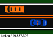 Yellow school bus and airport car moving on asphalt road. Public transport traffic on expressway with double line. Vector illustration of driving school and airport automobiles in contrary directions. School Bus and Airport Car Moving on Asphalt Road. Стоковая иллюстрация, агентство Ingram Publishing / Фотобанк Лори