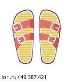 Casual summer flip-flops with red straps and yellow footbed isolated on white background. Women comfortable footwear for casual look and beach walks. Fashionable women footgear vector illustration.. Casual Summer Flip-Flops Isolated Illustration. Стоковая иллюстрация, агентство Ingram Publishing / Фотобанк Лори