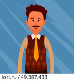 Caucasian man with curly hair and whisker close-up portrait on glass blue background. Red-haired male dressed in white shirt, brown jerkin and yellow necktie vector illustration in cartoon style.. Caucasian Man with Curly Hair and Whisker Close-up. Стоковая иллюстрация, агентство Ingram Publishing / Фотобанк Лори