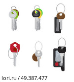 Set of modern door and car keys with trinket on keyring and remote alarm flat vectors isolated on white background. House and vehicle keys illustrations collection for real estate and auto concepts. Set of Modern Door and Car Keys Flat Vectors. Стоковая иллюстрация, агентство Ingram Publishing / Фотобанк Лори