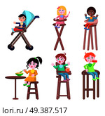 Baby with good appetite. Little boys and girls seating on children high chairs with bottle, cup and spoon flat vector isolated on white. Toddlers takes food illustration for kids feeding concepts. Toddlers on Children High Chairs Flat Vector. Стоковая иллюстрация, агентство Ingram Publishing / Фотобанк Лори