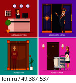Hotel service 2x2 design concept set of square icons with doorman receptionist chambermaid bellboy cartoon characters vector illustration . Hotel Staff 2x2 Design Concept. Стоковая иллюстрация, агентство Ingram Publishing / Фотобанк Лори