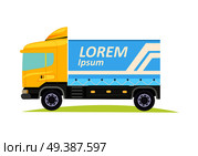 Blue and yellow large truck with emblem of firm on white background vector illustration. It is a motor vehicle designed to transport cargo. Lorry has wheels, cabin window and door, tyres semitrailer. Blue Large Truck with Emblem on White Background. Стоковая иллюстрация, агентство Ingram Publishing / Фотобанк Лори