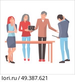 Bad idea in business bringing destruction isolated on white. Vector illustration of woman holding sign of lamp on black fond, man helpless gesture, other man scratching head. Disappointment in startup. Bad Idea in Business Bringing Destruction Art. Стоковая иллюстрация, агентство Ingram Publishing / Фотобанк Лори