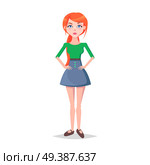 Woman with hands on waist isolated on white. Frustrated redhead girl avatar userpic in flat style design. Vector illustration of upset human emotion in green blouse and blue skirt. Angry lady. Woman with Hands on Waist Isolated on White Vector. Стоковая иллюстрация, агентство Ingram Publishing / Фотобанк Лори