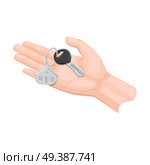 Human arm lends house key with trinket on white background. Cartoon arm presents keys from apartment, house or hotel room to someone. Real estate deal isolated vector in flat design. Cartoon Arm Gives House Key Isolated Illustration. Стоковая иллюстрация, агентство Ingram Publishing / Фотобанк Лори