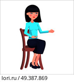 Young woman job candidate presenting herself. Beautiful brunet female in strict clothing seating on chair flat vector isolated on white. Employer Interview illustration for business career concepts. Young Woman Candidate on Job Interview Flat Vector. Стоковая иллюстрация, агентство Ingram Publishing / Фотобанк Лори