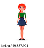 Tense young woman illustration. Beautiful redhead girl in blouse and skirt with serious face expression and clenched fists standing straight isolated flat vector. Emotional female cartoon character. Tense Young Woman Cartoon Flat Vector Character. Стоковая иллюстрация, агентство Ingram Publishing / Фотобанк Лори