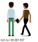 Man character in business casual standing backwards and walking with tablet in hand flat vector illustration isolated on white background. Office worker backward icon for business concept design. Office Worker Backward Icon Flat Vector. Стоковая иллюстрация, агентство Ingram Publishing / Фотобанк Лори