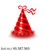 Brightly decorated with ribbon and fluffy pompons party hat. Striped red conical paper cap for festive costumes isolated vector illustration. Birthday or New Year party dressing accessory icon. Striped Red Party Hat with Ribbon Vector Icon. Стоковая иллюстрация, агентство Ingram Publishing / Фотобанк Лори