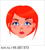 Young woman serious face icon. Pretty redhead girl with flush and blue eyes strictness facial expression isolated flat vector. Female cartoon portrait illustration for women emotions concept. Redhead Woman Serious Face Flat Vector Icon. Стоковая иллюстрация, агентство Ingram Publishing / Фотобанк Лори