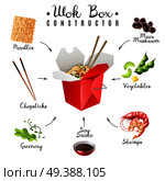 Wok box constructor including noodles, greenery, vegetables, chopsticks, soy sauce, shrimps, muer mushrooms isolated vector illustration. Wok Box Noodles Constructor. Стоковая иллюстрация, агентство Ingram Publishing / Фотобанк Лори