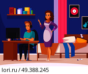 Children parents parenthood cartoon composition with mother and teenage son flat human characters with bedroom interior vector illustration. Nestling Kid Bedroom Composition. Стоковая иллюстрация, агентство Ingram Publishing / Фотобанк Лори