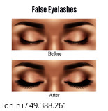 Realistic closed female eyes before and after using black false lashes isolated vector illustration. Eyes False Lashes Realistic Illustration. Стоковая иллюстрация, агентство Ingram Publishing / Фотобанк Лори