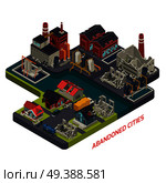 Abandoned cities isometric composition with desolate living houses crumbling factory buildings and dilapidated infrastructure vector illustration . Abandoned Cities Isometric Composition. Стоковая иллюстрация, агентство Ingram Publishing / Фотобанк Лори