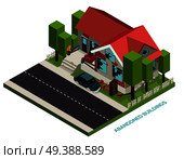 Abandoned buildings isometric design concept representing private plot of land with desolate cottage with broken windows vector illustration  . Abandoned Buildings Isometric Concept. Стоковая иллюстрация, агентство Ingram Publishing / Фотобанк Лори
