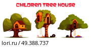 Tree houses between green foliage set with hanging ladder, swing and sand for play isolated vector illustration  . Tree Houses Set. Стоковая иллюстрация, агентство Ingram Publishing / Фотобанк Лори